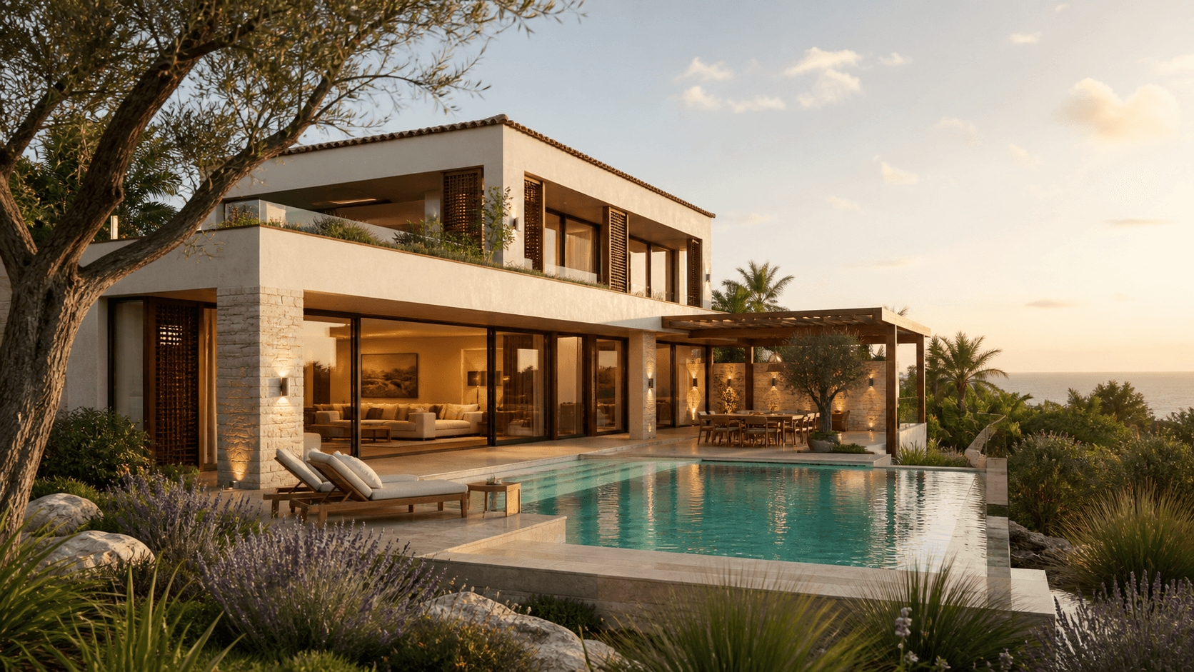 Villa mediterránea conceptual junto a una piscina al atardecer